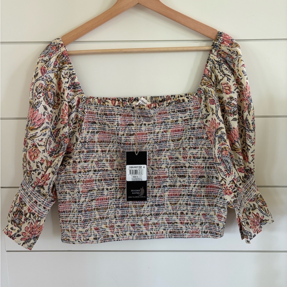 Talisman Square Neck Lotus Floral Print Smocked Firelight Cropped Top NWT - Picture 2 of 4